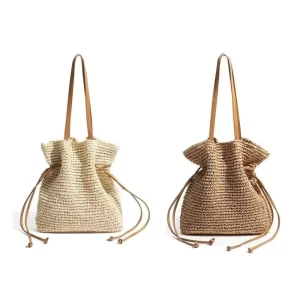 Women’s Large Capacity Woven Straw Bag with Drawstring Hook Shoulder Slung Messenger Style New Design Summer Beach