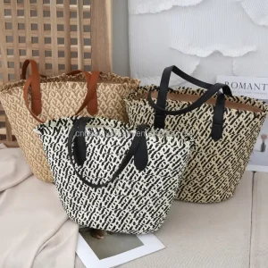 Women’s Large Lightweight Straw Shoulder Bag Fashionable Summer Tote Handbag with Zip Two Strap Design for Outdoor Vacation