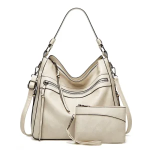 Women’s Large PU Faux Leather Hobo Bag with Zipper Closure Designer Bucket Purse
