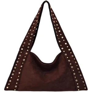 Women’s Large Suede Hobo Slouchy Tote Bag with Rivet Zip Closure Two Handles Polyester Lining Studded Design