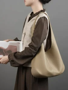 Women’s Large Top Layer Cowhide Tote Bag Soft Luxury Bucket Shoulder Bag Open Top