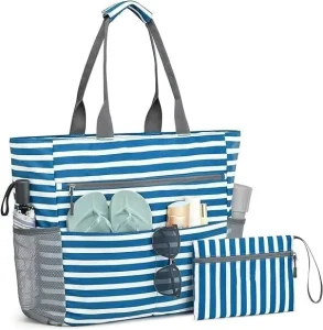 Women’s Large Waterproof Polyester Beach Tote Bag Zipper Closure Sand Proof Swim Pool Travel Bag Fashion Style All Seasons