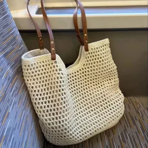 Women’s Leisure Large Capacity Cotton Woven One Shoulder Tote Bag Open Hollow Mesh Beach Bag for Seaside Holidays