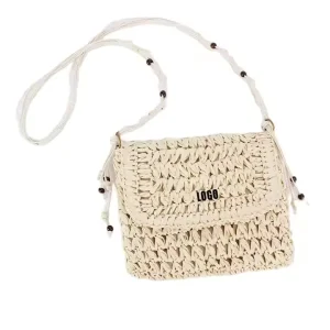 Women’s Luxury Paper Straw Bag Geometric Pattern Portable Beach Bag with Chain Decoration