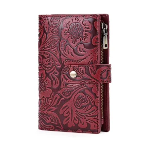 Women’s Mid Length Wallet Retro Style Zipper Tri Fold Embossed Floral Clutch Purse Pressed Flower