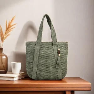 Women’s Minimalist Large Capacity Lightweight Woven Zipper Closure Beach Urban Tote Bag