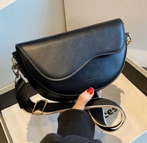 Women’s Minimalist Saddle Bag PU Leather Crescent Crossbody Purse with Wide Adjustable Shoulder Strap for Daily Use