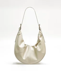 Women’s Multi Color Full-Grain Leather Hobo Bag Crescent Shape Adjustable Strap Purse (Silver/Black/Burgundy/White) with Zipper