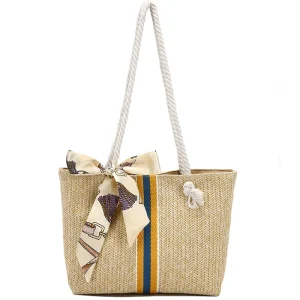 Women’s Natural Straw Tote Handbag Water Resistant Summer Sling Beach Bag with Solid Color Open Closure