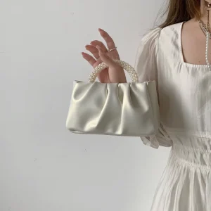 Womens New Trendy Fashion Pearl Handbag Pleated Cloud Design Niche Elegant Shoulder Crossbody Bag Two-Strap Urban