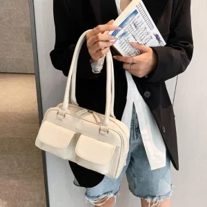 Women’s PU Bag European American Fashion Retro Underarm Satchel Double Front Pocket Zipper Winter Two-Zip Solid