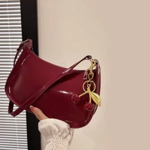 Women’s PU Leather Handbag Single Strap Zipper Closure Polyester Versatile Fashion Solid Color Cherry Pendant Casual Commuting
