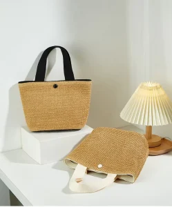 Women’s PU Straw Weave Handbag with Magnetic Clasp Urban Minimalist Style Summer Everyday Use