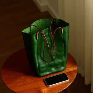 Women’s PU Tote Bag Bucket Handbag Simple Small Contrasting Color Canvas Lining Dark Green