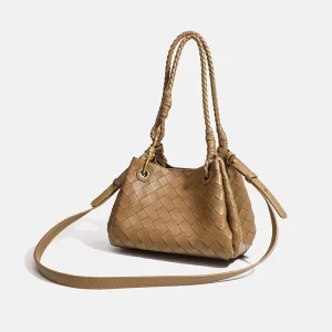Women’s PU Woven Fashionable Bucket Bag Single Shoulder Crossbody Buckle Purse All Seasons Open Closure