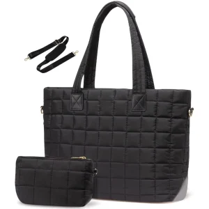 Womens Polyester Quilted Zippered Puffy Laptop Tote Handbag with Polyester Lining
