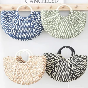 Women’s Portable Beach Holiday Straw Bag Color Contrast Design Large Capacity Foldable Soft Handle Customizable Logo