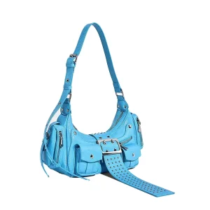 Women’s Punk style Leather Shoulder Handbags Girls’ Rivet Belt Buckle Saddle Shoulder Purse Stylish Designer Shoulder Bag