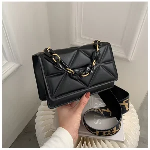 Women’s Retro PU Leather Polyester Handbag Lattice Chain Wide Shoulder Strap Small Geometric Leisure Bag Fashionable Lady