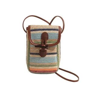 Women’s Seaside Vacation Straw Woven ZIP Closure Single Strap Corner Buckle Crossbody Shoulder Bag Small Size Stylish Spring