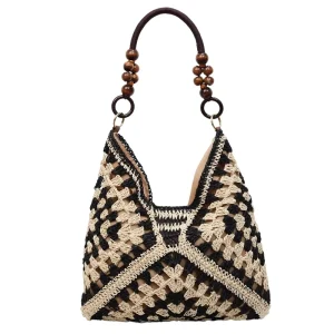 Women’s Shoulder Bag Woven Straw Bag Minimalism Style Large Capacity Beach Vacation Bag Single Zip Magnetic Clasp Summer