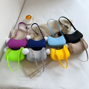 Women’s Shoulder Bags Fashion Casual Felt Underarm Bags Solid Color Mini Chain Purse with Plush Doll