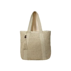 Women’s Simple Large Capacity Lightweight Woven Straw Bucket Beach Bag Tassel Zipper Closure Shoulder Bag