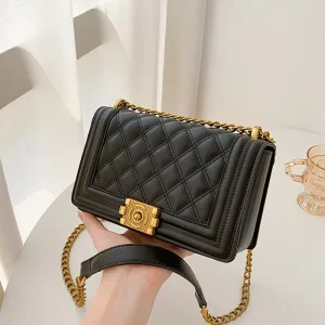 Women’s Small Square PU Crossbody Bag with Quilted Embroidery and Chain Detail Spring Fashion Retro Design