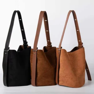 Women’s Soft Suede Shoulder Tote Bag Bucket Style with Polyester Lining Fashion Design Letters Decoration Open Closure