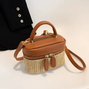 Women’s Straw Bucket Bag Zipper Closure Cartoon Pattern Solid Color Summer Beach Handbag Easy Carry Portable Outdoor Use