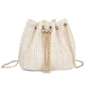 Women’s Straw Bucket Bag with RFID Protection Single Strap & Pearl Detail Autumn Beach Shoulder Bag