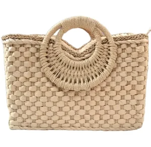 Women’s Straw Tripe Tote Bag Fashionable Portable Square Design for Summer Beach Wear
