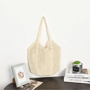 Women’s Straw Woven Cotton Fabric Shoulder Bag Large Capacity Underarm Beach Bag Summer String Closure