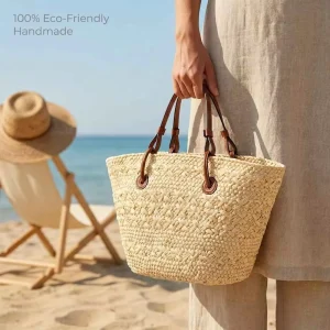 Women’s Straw Woven Tote Bag Handmade Large Capacity Raffia PU Summer Beach Portable Sustainable Bohemian for Seaside Weekend