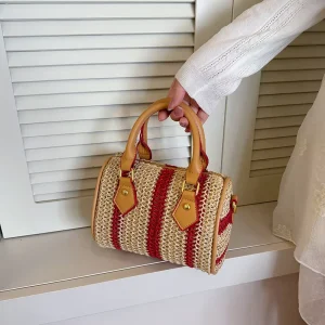 Women’s Striped Woven Straw Boston Handbag Top Handle Shoulder Bag for Beach Vacation Casual Purse