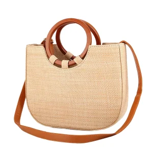 Women’s Stylish Durable Eco Friendly Large Capacity Woven Straw Bucket Bag Bamboo Handle Summer Beach for Holidays Open Closure
