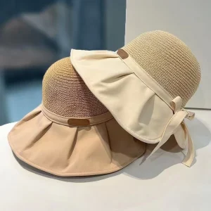 Women’s Summer All-Match Wide Brim Straw Hat Portable Fisherman Hat with Bow Beach and Travel-friendly
