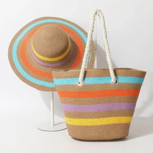 Women’s Summer Beach Bag & Hat Set Fashion Striped Wide Brim Straw Sun Hat Colorful Straw Tote Bag
