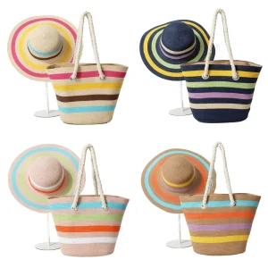 Women’s Summer Beach Bag & Hat Set Outdoor Handmade Colorful Straw Tote Bag with Polyester Lining Portable