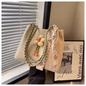Women’s Summer Beach Hand Woven Shoulder Tote Bag Straw Zipper Closure Polyester Lining for Travel Holiday Leisure Work