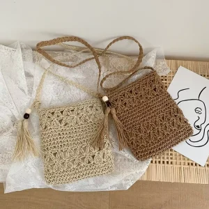 Women’s Summer Beach Shoulder Purse Handbags Straw Crossbody Bucket Weave Straw Bags