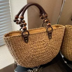 Women’s Summer Eco Friendly Lightweight Straw Tote Bag with Pearl and Flowers Large Capacity Shoulder Handbag for Beach Travel