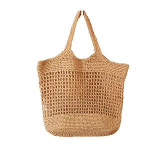 Women’s Summer Fashion Natural Straw Shoulder Bag Handwoven Rattan Beach Tote Canvas Lining Mesh Design Embroidery Solid Color