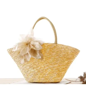 Women’s Summer Fashion Tote Bag Floral and Seagrass Straw for Beach or Office Rattan Rattan Bag