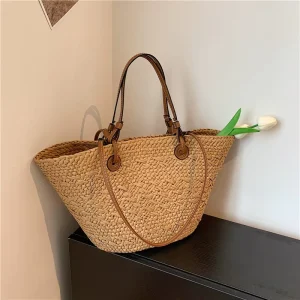 Women’s Summer Hand Woven Shoulder Hand Bag Large Capacity Simple Satchel Straw Tote Bags for Women