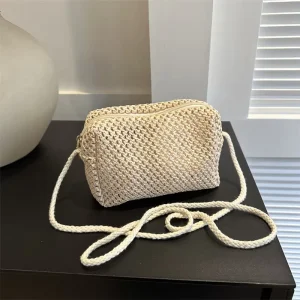 Women’s Summer Mini Handmade Square Retro Crossbody Fashion Seaside Vacation Stone Straw Woven Zipper Shoulder Bag