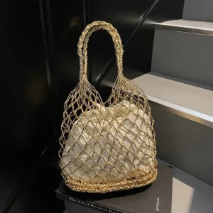 Women’s Summer New Arrival Silver Gold Woven Tote Bag Beach Bags Shoulder Bucket Tote Bag Fashion