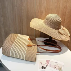 Women’s Summer Open Woven Straw Tote Bag with Large Capacity and Beach Hat Set Beach Tote Bag