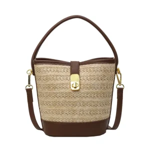 Women’s Summer Stylish Casual Cross Border Woven Bucket Bag Waterproof Flap Closure Handbag Two Shoulder Straps Polyester Logo