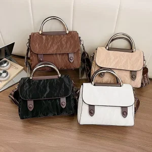 Women’s Textured PU Leather Satchel Bag with Metal Top Handle Fashion Flap Crossbody Handbag for Daily Work Letter Strap